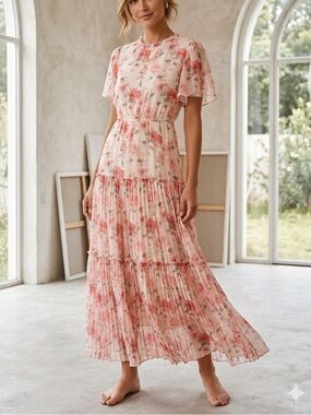 NWT Love Olive Co Pink Floral Pleated Maxi Dress XXS Cottagecore Boho Romantic❤️